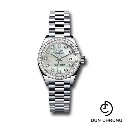 Rolex Platinum Lady-Datejust 28 Watch - 44 Diamond Bezel - Mother-of-Pearl Diamond Dial - President Bracelet - 279136RBR mdp