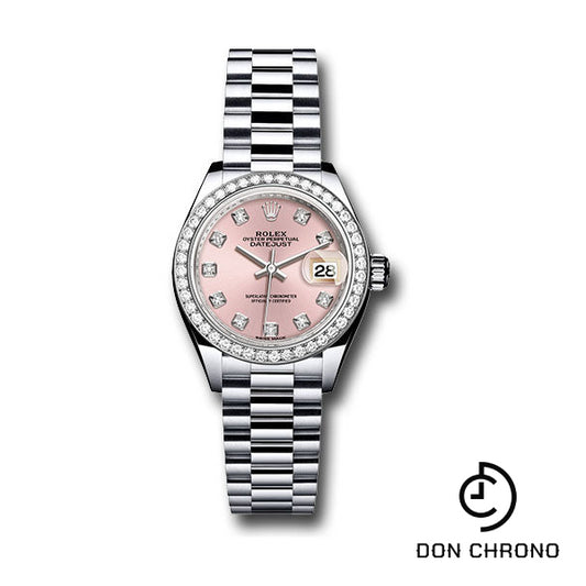 Rolex Platinum Lady-Datejust 28 Watch - 44 Diamond Bezel - Pink Diamond Dial - President Bracelet - 279136RBR pdp