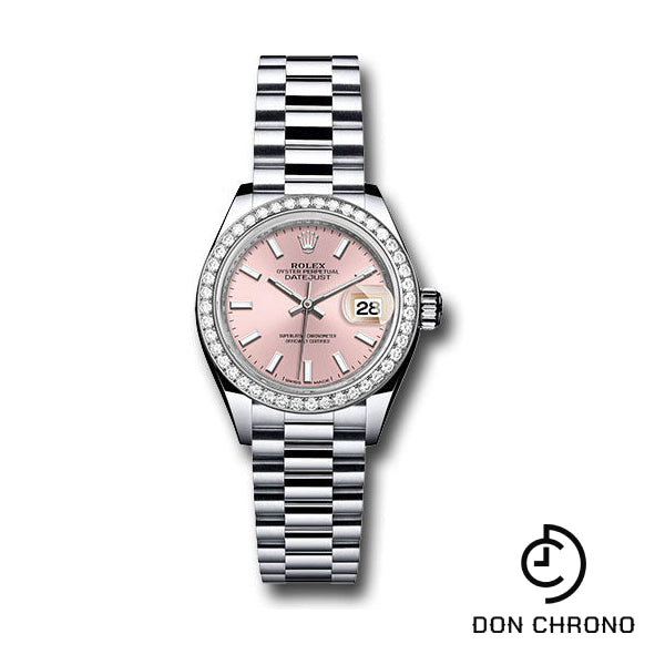 Rolex Platinum Lady-Datejust 28 Watch - 44 Diamond Bezel - Pink Index Dial - President Bracelet - 279136RBR pip