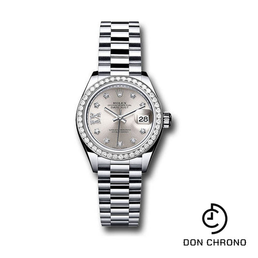 Rolex Platinum Lady-Datejust 28 Watch - 44 Diamond Bezel - Silver Diamond Star Dial - President Bracelet - 279136RBR s9dix8dp