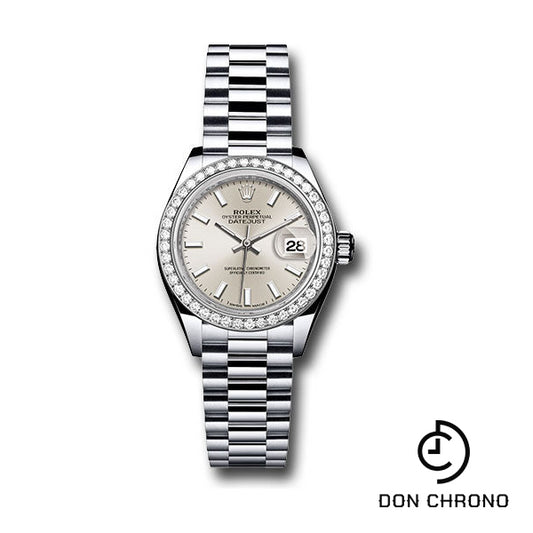 Rolex Platinum Lady-Datejust 28 Watch - 44 Diamond Bezel - Silver Index Dial - President Bracelet - 279136RBR sip