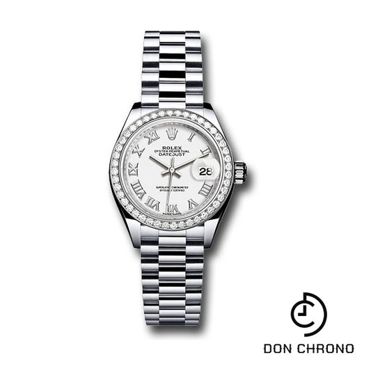 Rolex Platinum Lady-Datejust 28 Watch - 44 Diamond Bezel - White Roman Dial - President Bracelet - 279136RBR wrp