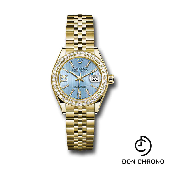 Rolex Yellow Gold Lady-Datejust 28 Watch - 44 Diamond Bezel - Cornflower Blue Stripe Diamond Index Dial - Jubilee Bracelet - 279138RBR cbls36dix8dj