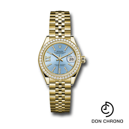 Rolex Yellow Gold Lady-Datejust 28 Watch - 44 Diamond Bezel - Cornflower Blue Stripe Diamond Index Dial - Jubilee Bracelet - 279138RBR cbls36dix8dj