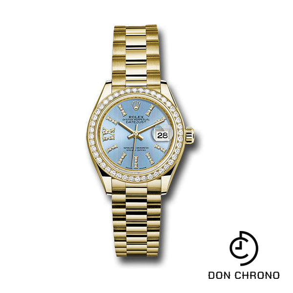 Rolex Yellow Gold Lady-Datejust 28 Watch - 44 Diamond Bezel - Cornflower Blue Stripe Diamond Index Dial - President Bracelet - 279138RBR cbls36dix8dp