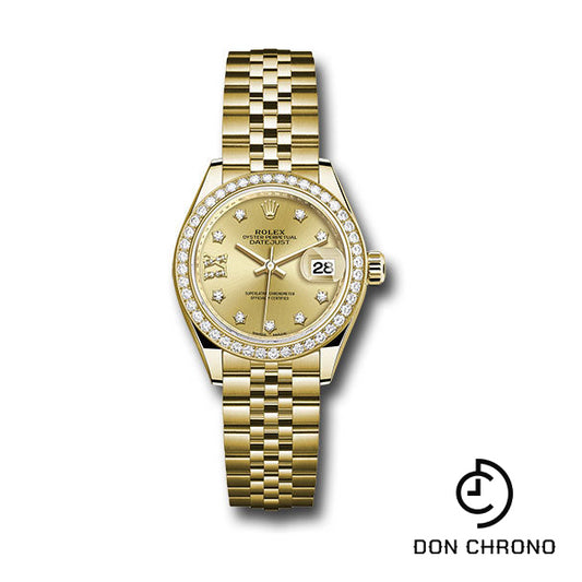 Rolex Yellow Gold Lady-Datejust 28 Watch - 44 Diamond Bezel - Champagne Diamond Star Dial - Jubilee Bracelet - 279138RBR ch9dix8dj