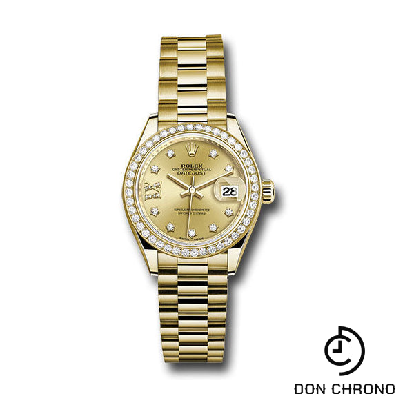 Rolex Yellow Gold Lady-Datejust 28 Watch - 44 Diamond Bezel - Champagne Diamond Star Dial - President Bracelet - 279138RBR ch9dix8dp