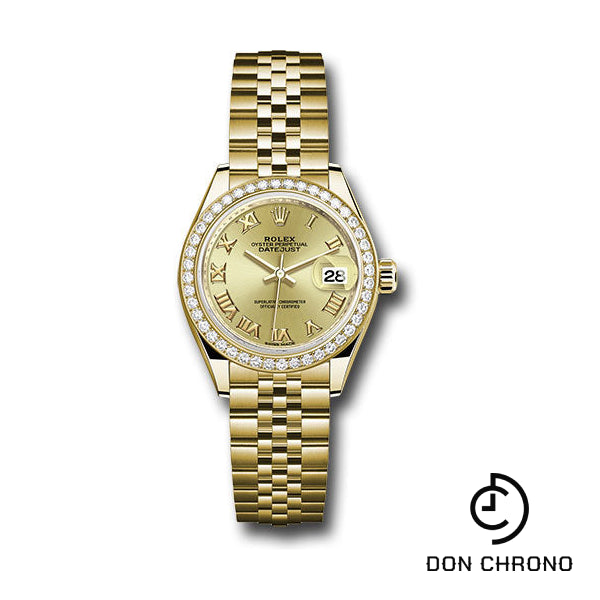 Rolex Yellow Gold Lady-Datejust 28 Watch - 44 Diamond Bezel - Champagne Roman Dial - Jubilee Bracelet - 279138RBR chrj