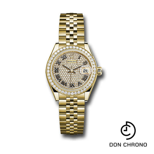 Rolex Yellow Gold Lady-Datejust 28 Watch - 44 Diamond Bezel - Diamond Paved Roman Dial - Jubilee Bracelet - 279138RBR dprj