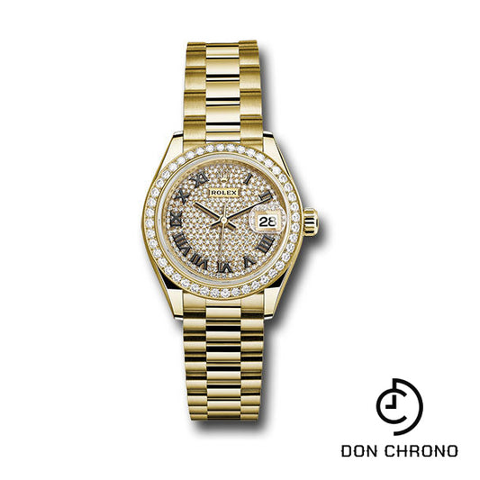 Rolex Yellow Gold Lady-Datejust 28 Watch - 44 Diamond Bezel - Diamond Paved Roman Dial - President Bracelet - 279138RBR dprp