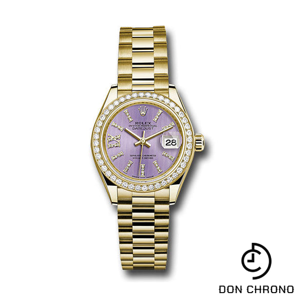 Rolex Yellow Gold Lady-Datejust 28 Watch - 44 Diamond Bezel - Lilac Stripe Diamond Index Dial - President Bracelet - 279138RBR lils36dix8dp