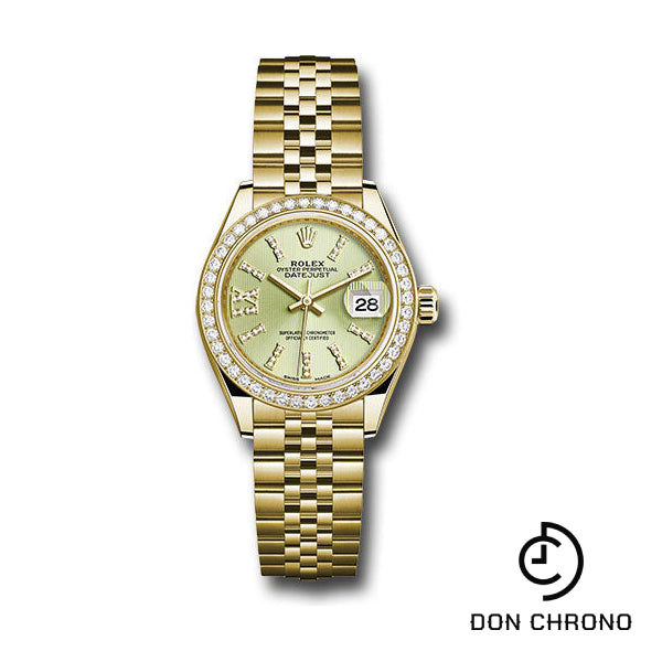 Rolex Yellow Gold Lady-Datejust 28 Watch - 44 Diamond Bezel - Linden Green Strip Diamond Index Dial - Jubilee Bracelet - 279138RBR lings36dix8dj