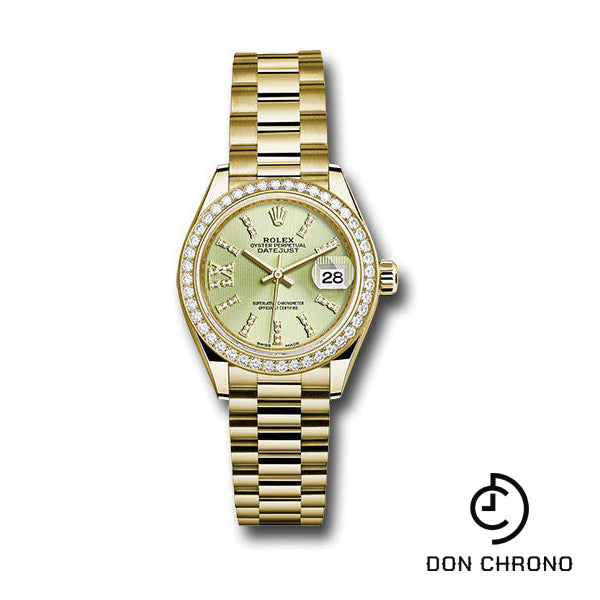 Rolex Yellow Gold Lady-Datejust 28 Watch - 44 Diamond Bezel - Linden Green Strip Diamond Index Dial - President Bracelet - 279138RBR lings36dix8dp