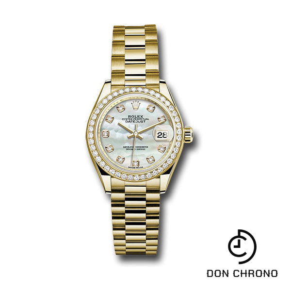 Rolex Yellow Gold Lady-Datejust 28 Watch - 44 Diamond Bezel - Mother-of-Pearl Diamond Dial - President Bracelet - 279138RBR mdp