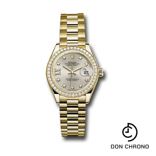 Rolex Yellow Gold Lady-Datejust 28 Watch - 44 Diamond Bezel - Silver Diamond Star Dial - President Bracelet - 279138RBR s9dix8dp