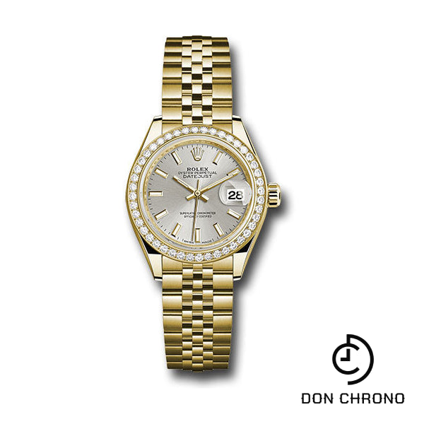 Rolex Yellow Gold Lady-Datejust 28 Watch - 44 Diamond Bezel - Silver Index Dial - Jubilee Bracelet - 279138RBR sij