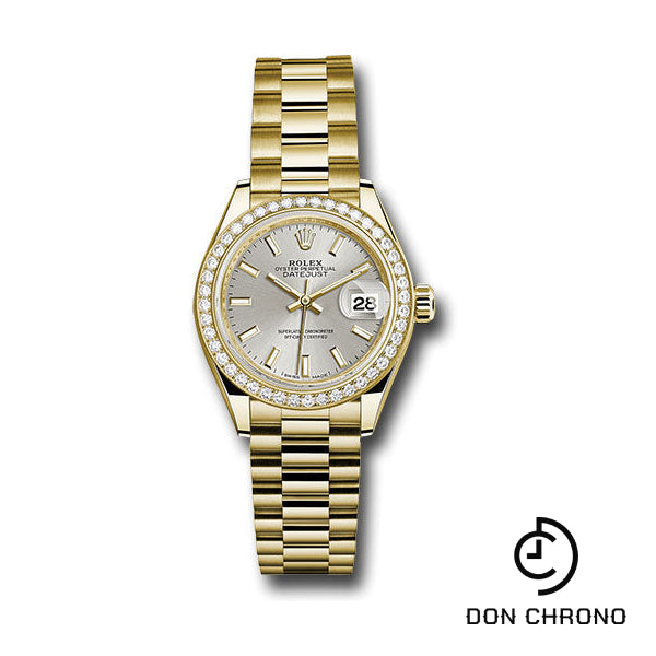 Rolex Yellow Gold Lady-Datejust 28 Watch - 44 Diamond Bezel - Silver Index Dial - President Bracelet - 279138RBR sip