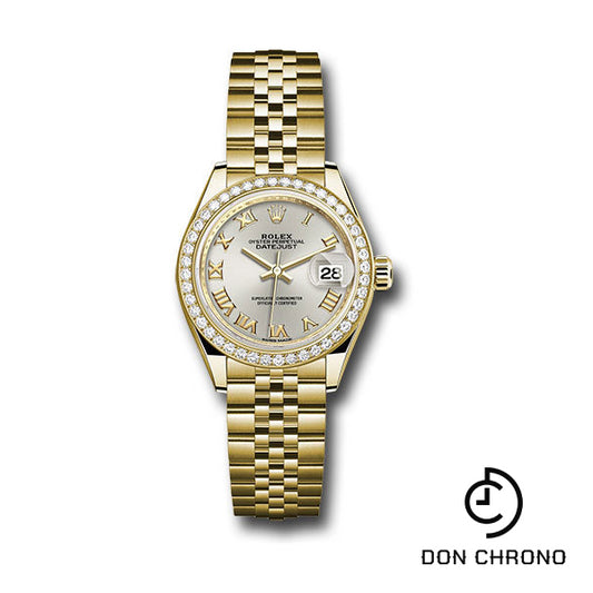 Rolex Yellow Gold Lady-Datejust 28 Watch - 44 Diamond Bezel - Silver Roman Dial - Jubilee Bracelet - 279138RBR srj