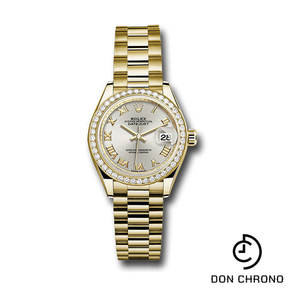 Rolex Yellow Gold Lady-Datejust 28 Watch - 44 Diamond Bezel - Silver Roman Dial - President Bracelet - 279138RBR srp