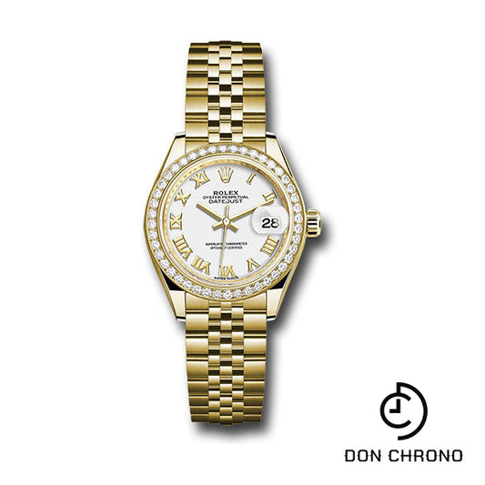 Rolex Yellow Gold Lady-Datejust 28 Watch - 44 Diamond Bezel - White Roman Dial - Jubilee Bracelet - 279138RBR wrj