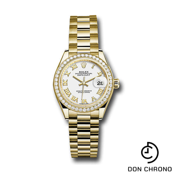 Rolex Yellow Gold Lady-Datejust 28 Watch - 44 Diamond Bezel - White Roman Dial - President Bracelet - 279138RBR wrp