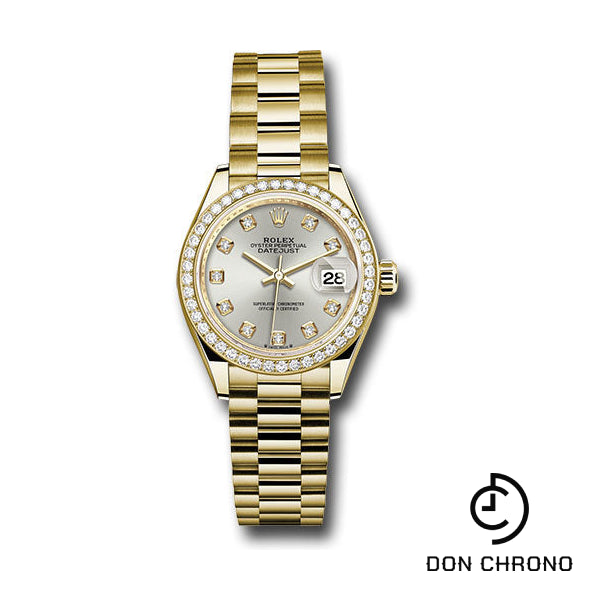 Rolex Yellow Gold Lady-Datejust Watch - 44 Diamond Bezel - Silver Diamond Dial - President Bracelet - 279138rbr sdp