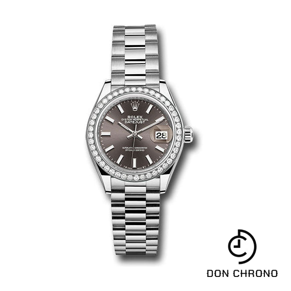 Rolex White Gold Lady-Datejust Watch - 44 Diamond Bezel - Dark Grey Index Dial - President Bracelet - 279139rbr dkgip