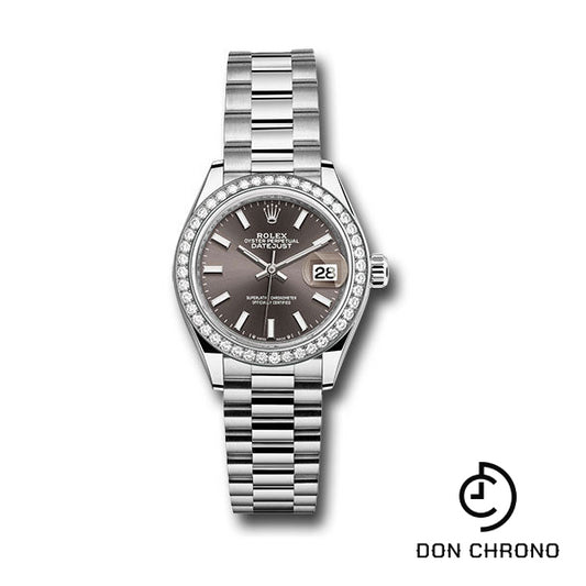 Rolex White Gold Lady-Datejust Watch - 44 Diamond Bezel - Dark Grey Index Dial - President Bracelet - 279139rbr dkgip