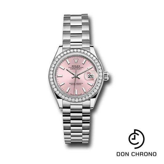 Rolex White Gold Lady-Datejust Watch - 44 Diamond Bezel - Pink Index Dial - President Bracelet - 279139rbr pip