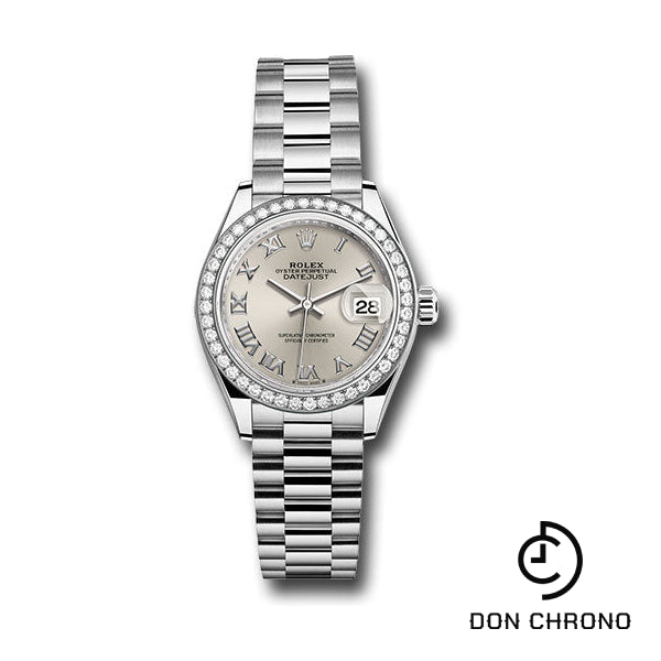 Rolex White Gold Lady-Datejust Watch - 44 Diamond Bezel - Silver Roman Dial - President Bracelet - 279139rbr srp