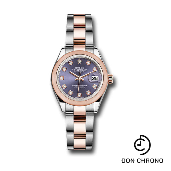 Rolex Steel and Everose Gold Rolesor Lady-Datejust 28 Watch - Domed Bezel - Aubergine Diamond Dial - Oyster Bracelet - 279161 audo