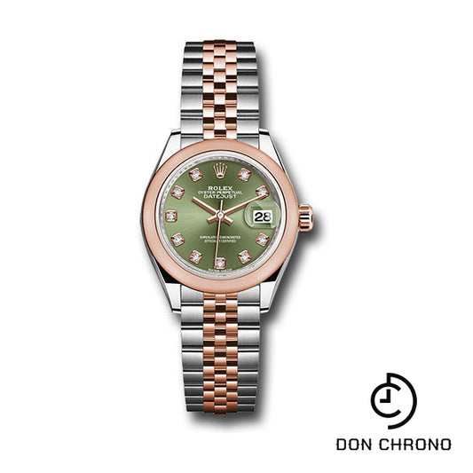 Rolex Steel and Everose Gold Rolesor Lady-Datejust 28 Watch - Domed Bezel - Olive Green Diamond Dial - Jubilee Bracelet - 279161 ogdj