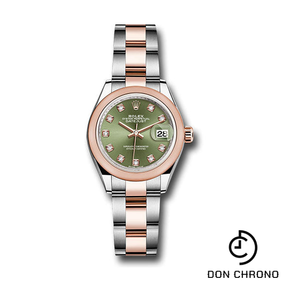 Rolex Steel and Everose Gold Rolesor Lady-Datejust 28 Watch - Domed Bezel - Olive Green Diamond Dial - Oyster Bracelet - 279161 ogdo