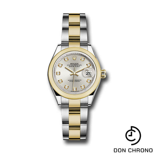 Rolex Steel and Yellow Gold Rolesor Lady-Datejust 28 Watch - Domed Bezel - Silver Diamond Dial - Oyster Bracelet - 279163 sdo