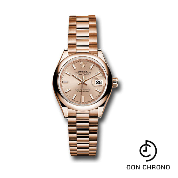 Rolex Everose Gold Lady-Datejust 28 Watch - Domed Bezel - Pink Sundust Index Dial - President Bracelet - 279165 pip