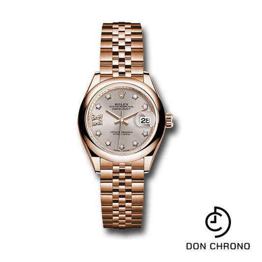 Rolex Everose Gold Lady-Datejust 28 Watch - Domed Bezel - Silver Sundust Diamond Star Dial - Jubilee Bracelet - 279165 s9dix8dj