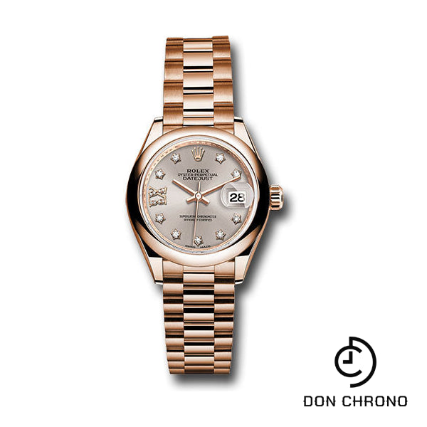 Rolex Everose Gold Lady-Datejust 28 Watch - Domed Bezel - Silver Sundust Diamond Star Dial - President Bracelet - 279165 s9dix8dp