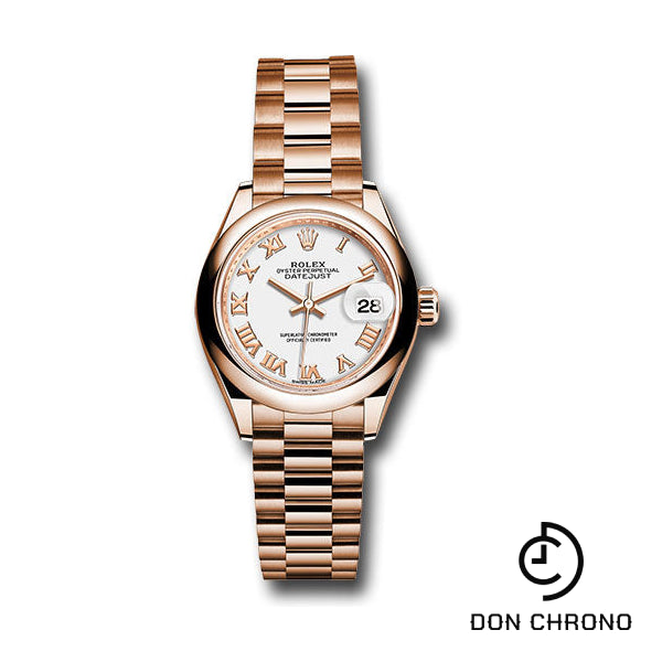 Rolex Everose Gold Lady-Datejust 28 Watch - Domed Bezel - White Roman Dial - President Bracelet - 279165 wrp