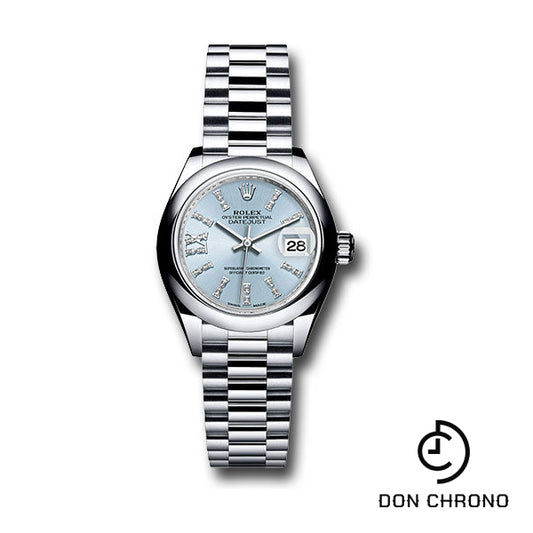 Rolex Platinum Lady-Datejust 28 Watch - Domed Bezel - Ice Blue Diamond Index Dial - President Bracelet - 279166 ib36dix8dp