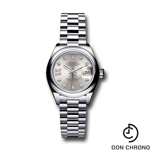 Rolex Platinum Lady-Datejust 28 Watch - Domed Bezel - Silver Diamond Star Dial - President Bracelet - 279166 s9dix8dp