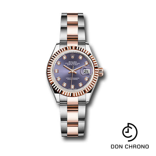 Rolex Steel and Everose Gold Rolesor Lady-Datejust 28 Watch - Fluted Bezel - Aubergine Diamond Dial - Oyster Bracelet - 279171 audo