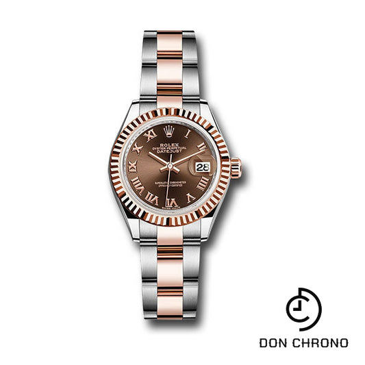 Rolex Steel and Everose Gold Rolesor Lady-Datejust 28 Watch - Fluted Bezel - Chocolate Roman Dial - Oyster Bracelet - 279171 choro