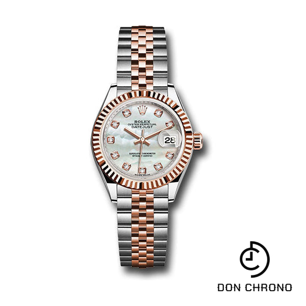 Rolex Steel and Everose Gold Rolesor Lady-Datejust 28 Watch - Fluted Bezel - White Mother-Of-Pearl Diamond Dial - Jubilee Bracelet - 279171 mdj