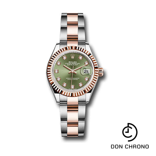 Rolex Steel and Everose Gold Rolesor Lady-Datejust 28 Watch - Fluted Bezel - Olive Green Diamond Dial - Oyster Bracelet - 279171 ogdo