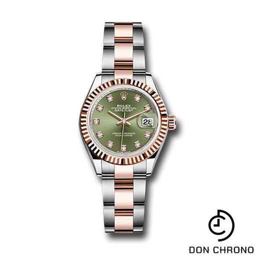 Rolex Steel and Everose Gold Rolesor Lady-Datejust 28 Watch - Fluted Bezel - Olive Green Diamond Dial - Oyster Bracelet - 279171 ogdo