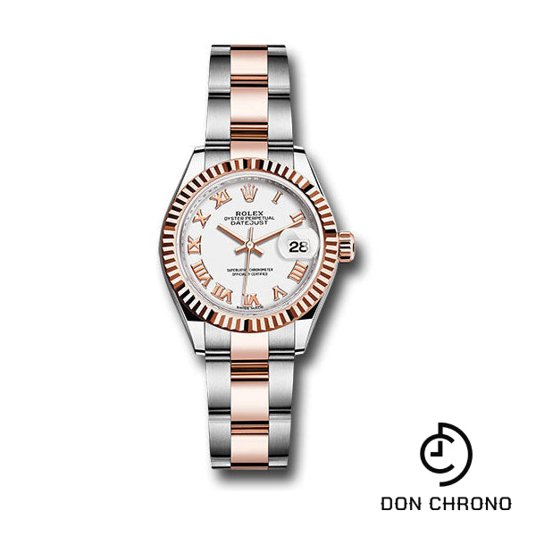 Rolex Steel and Everose Gold Rolesor Lady-Datejust 28 Watch - Fluted Bezel - White Roman Dial - Oyster Bracelet - 279171 wro