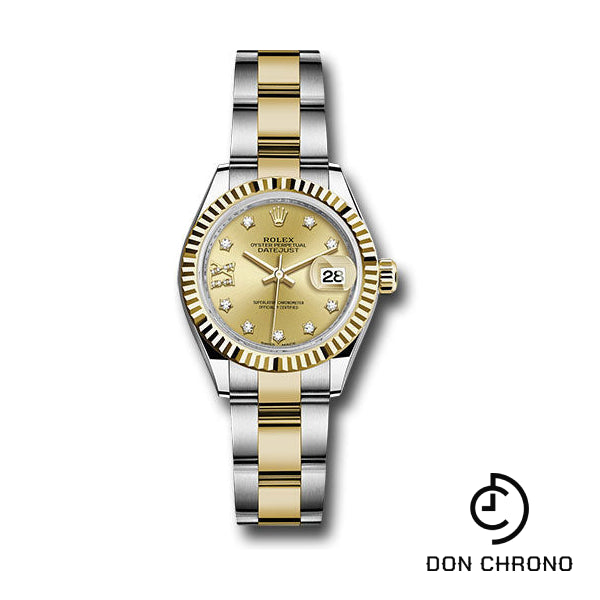 Rolex Steel and Yellow Gold Rolesor Lady-Datejust 28 Watch - Fluted Bezel - Champagne Diamond Star Dial - Oyster Bracelet - 279173 ch9dix8do