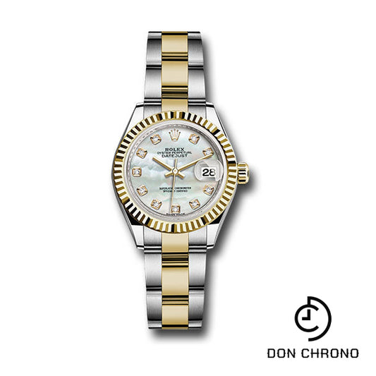 Rolex Steel and Yellow Gold Rolesor Lady-Datejust 28 Watch - Fluted Bezel - White Mother-Of-Pearl Diamond Dial - Oyster Bracelet - 279173 mdo