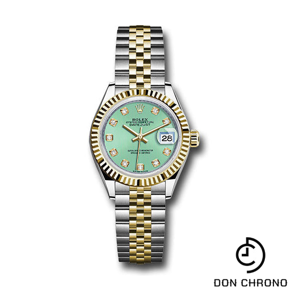 Rolex Steel and Yellow Gold Rolesor Lady-Datejust 28 Watch - Fluted Bezel - Mint Green Diamond Dial - Jubilee Bracelet - 279173 mgdj