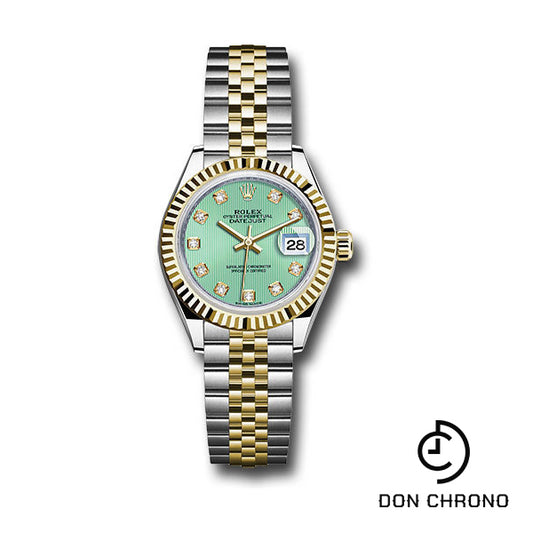 Rolex Steel and Yellow Gold Rolesor Lady-Datejust 28 Watch - Fluted Bezel - Mint Green Diamond Dial - Jubilee Bracelet - 279173 mgdj